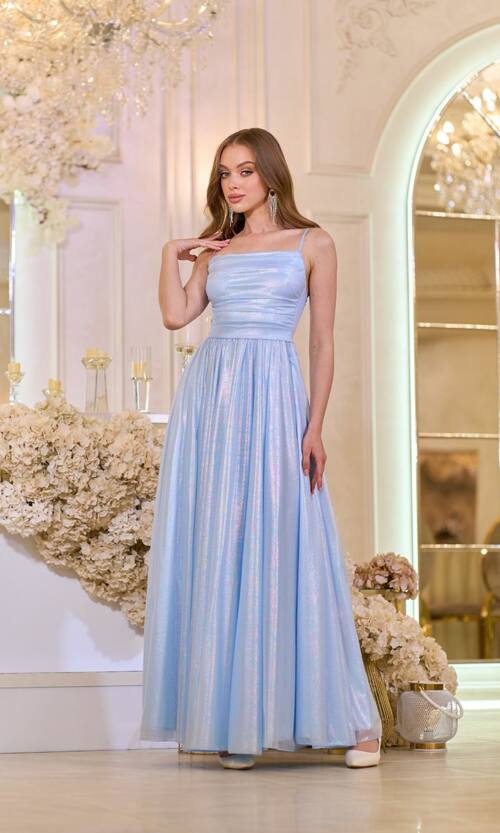 Вечірня Сукня на Тонких Бретелях із Драпіруванням 25042 Блакитна