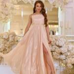 Вечірня Сукня на Тонких Бретелях із Драпіруванням 25042 Персикова