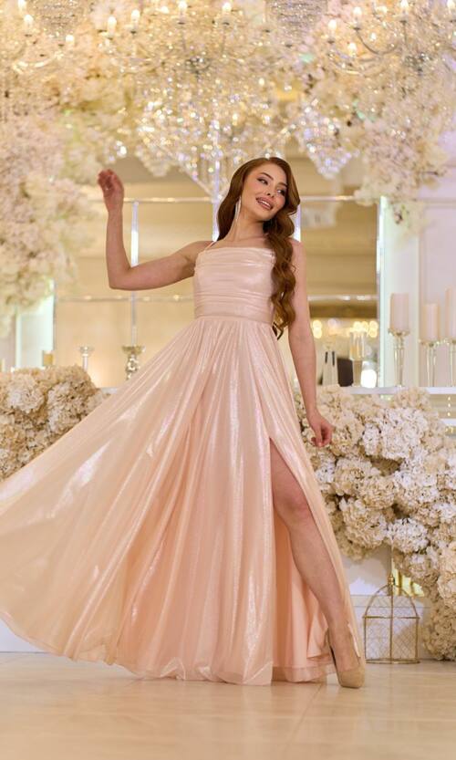 Вечірня Сукня на Тонких Бретелях із Драпіруванням 25042 Персикова