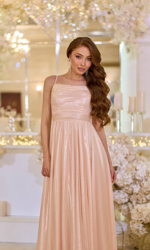 Вечірня Сукня на Тонких Бретелях із Драпіруванням 25042 Персикова