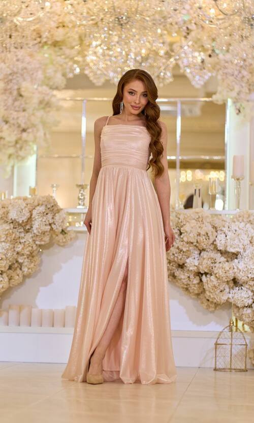 Вечірня Сукня на Тонких Бретелях із Драпіруванням 25042 Персикова