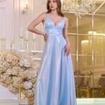 Вечірня Сукня на Тонких Бретелях Формованими Чашками 25037 Блакитна