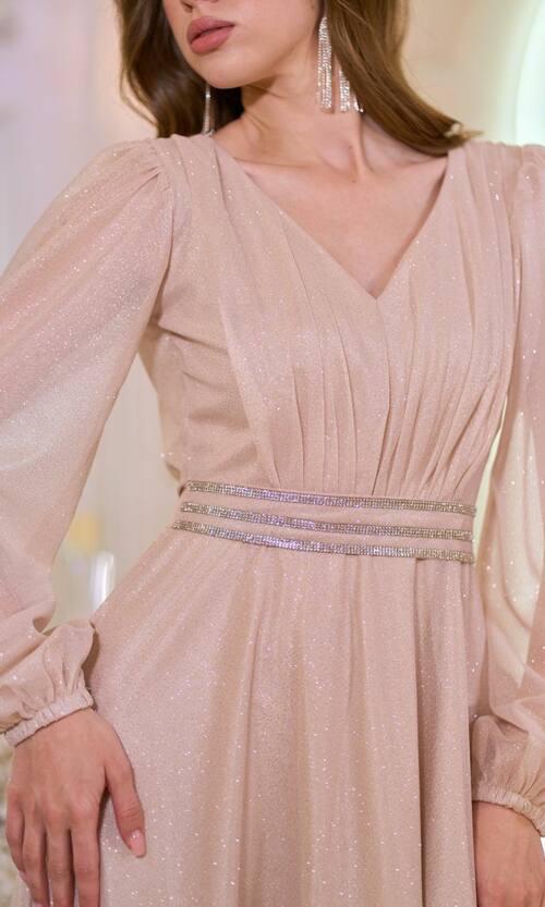 Вечернее Платье Шифон Стразы 23058 Бежевое
