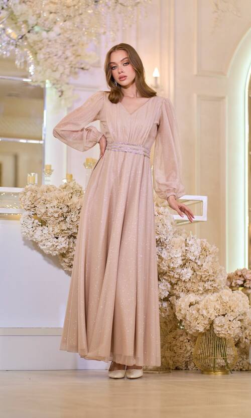 Вечернее Платье Шифон Стразы 23058 Бежевое