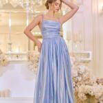 Вечірня Сукня на Тонких Бретелях із Драпіруванням 25042 Синя