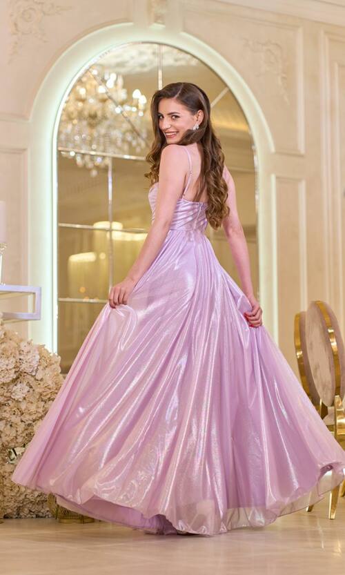 Вечірня Сукня на Тонких Бретелях із Драпіруванням 25042 Лавандова