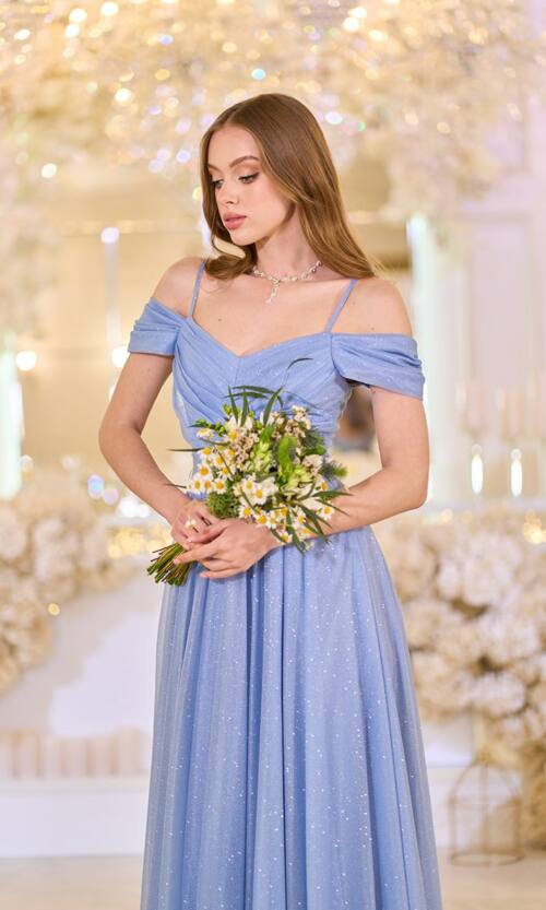 Вечірня Сукня Шифон Блиск Максі 25043 Синя
