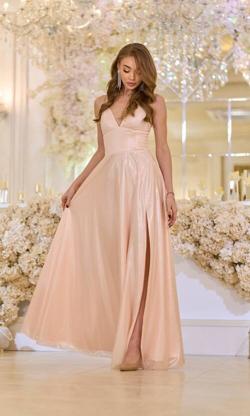 Вечірня Сукня на Тонких Бретелях Формованими Чашками 25037 Персикова