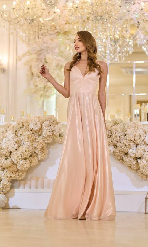 Вечірня Сукня на Тонких Бретелях Формованими Чашками 25037 Персикова