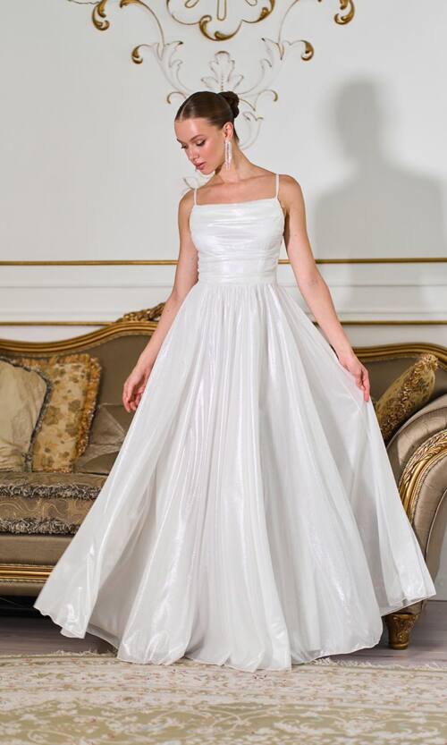 Вечірня Сукня на Тонких Бретелях із Драпіруванням 25042 Молочна