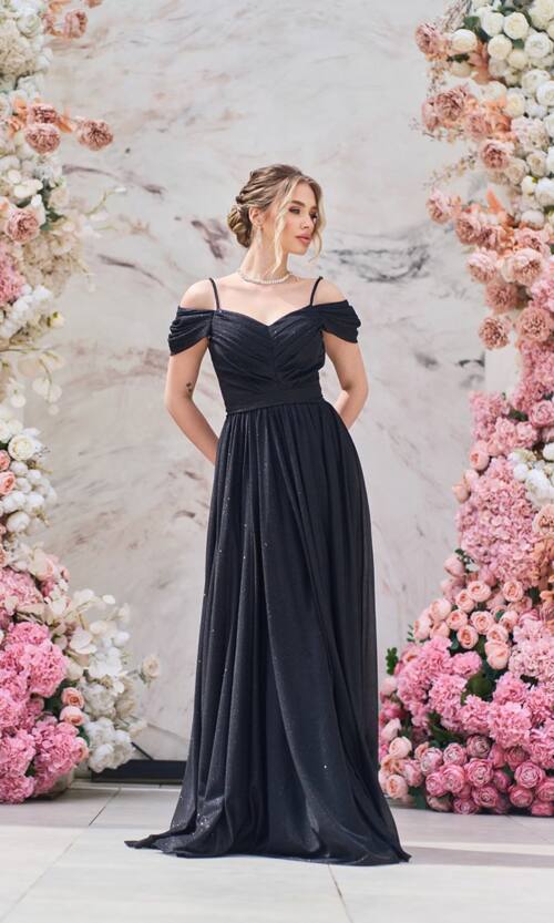 Вечірня Сукня Шифон Блиск Максі 25043 Чорна