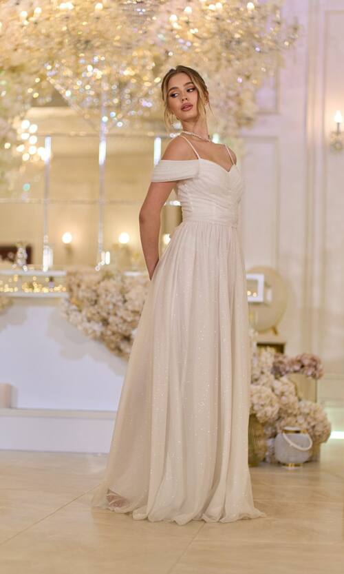 Вечірня Сукня Шифон Блиск Максі 25043 Молочна