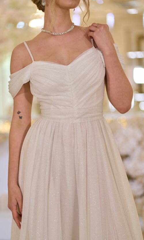 Вечірня Сукня Шифон Блиск Максі 25043 Молочна