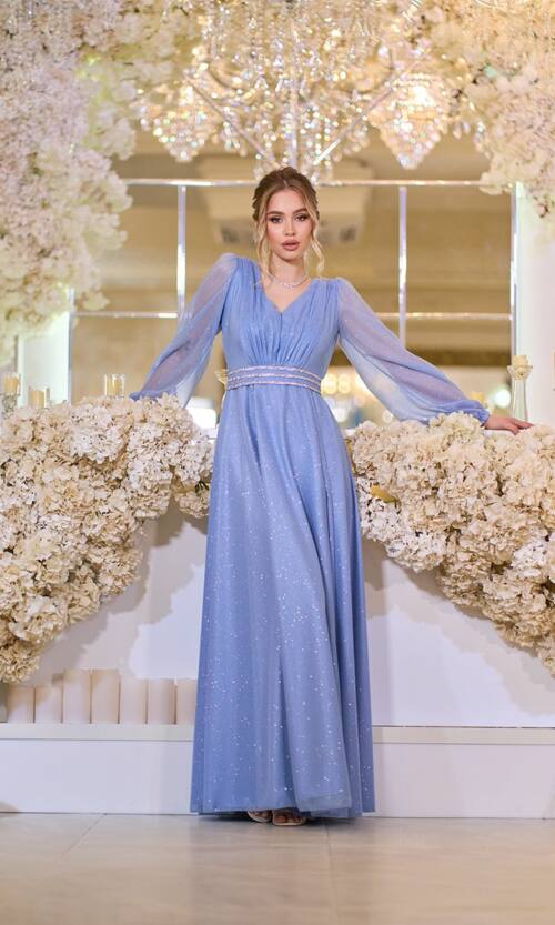 Вечірня Сукня Шифон Стрази 23058 Синя