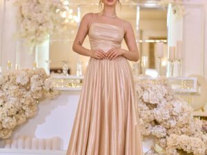 Вечірня Сукня на Тонких Бретелях із Драпіруванням 25042 Бежева