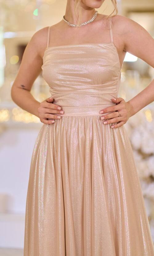 Вечірня Сукня на Тонких Бретелях із Драпіруванням 25042 Бежева