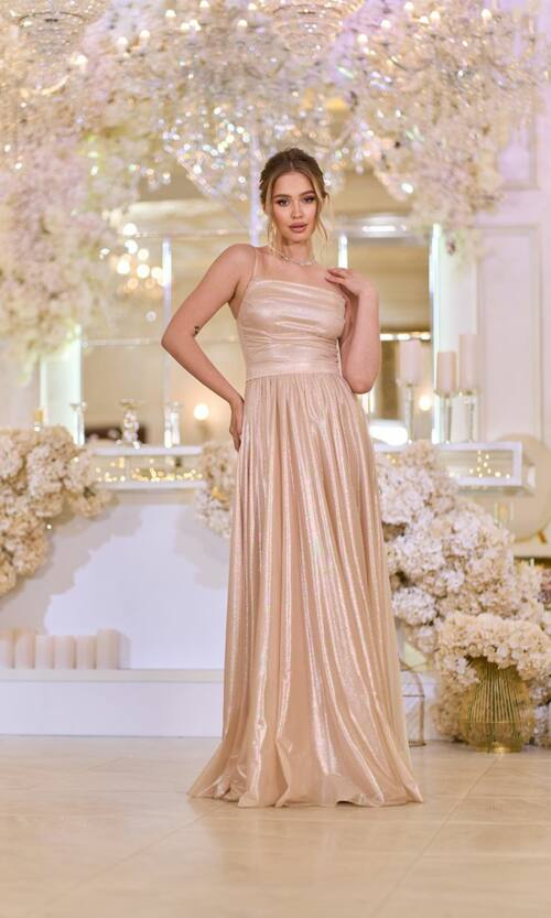 Вечірня Сукня на Тонких Бретелях із Драпіруванням 25042 Бежева