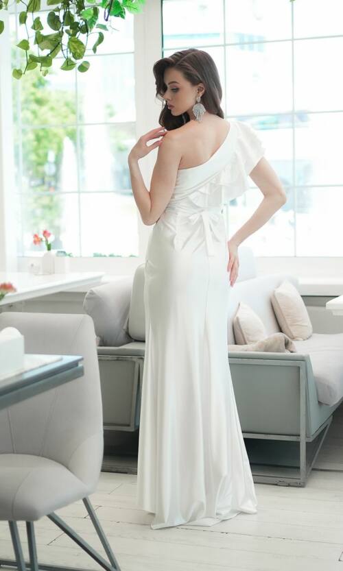 Вечірня Сукня Асиметрична з Рюшами 25003 Молочна