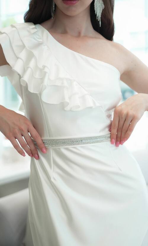 Вечірня Сукня Асиметрична з Рюшами 25003 Молочна