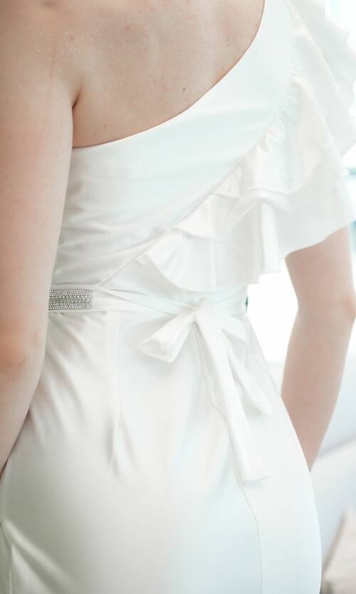 Вечірня Сукня Асиметрична з Рюшами 25003 Молочна