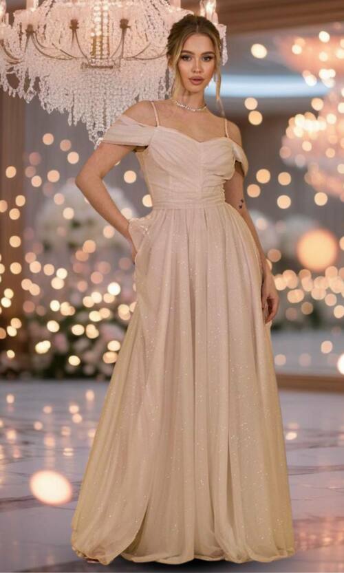 Вечірня Сукня Шифон Блиск Максі 25043 Бежева