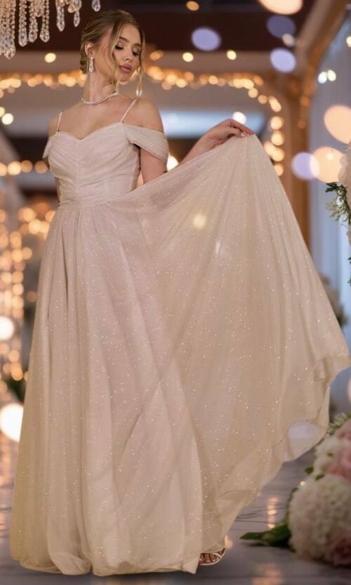 Вечірня Сукня Шифон Блиск Максі 25043 Бежева