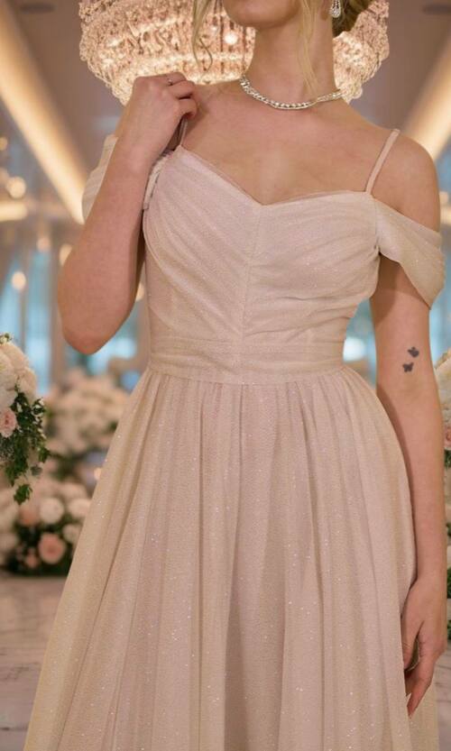 Вечірня Сукня Шифон Блиск Максі 25043 Бежева