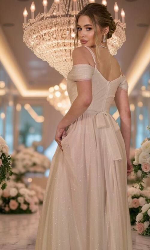 Вечірня Сукня Шифон Блиск Максі 25043 Бежева