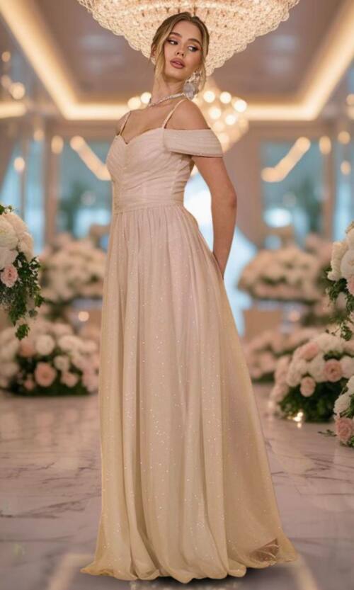 Вечірня Сукня Шифон Блиск Максі 25043 Бежева