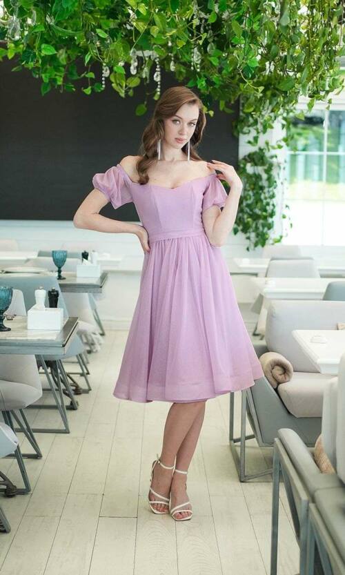 Коктейльна Сукня Шифон Блиск Міді 25040 Лавандова