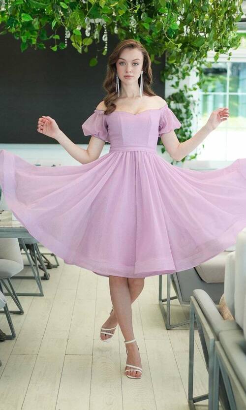 Коктейльное Платье Шифон Блеск Миди 25040 Лавандовое