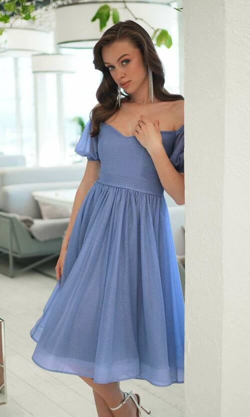 Коктейльна Сукня Шифон Блиск Міді 25040 Синя