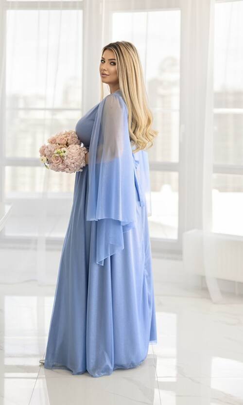 Вечірня Сукня Шифон Рукав Максі 25045 Синя