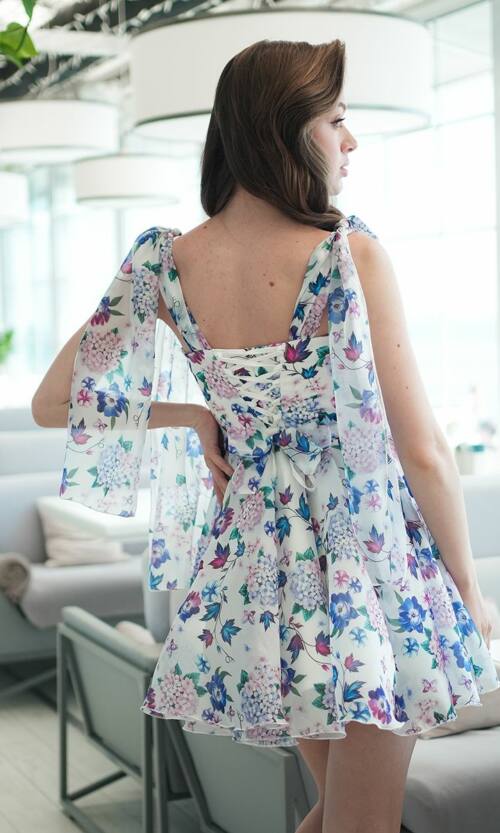 Коктейльное Платье Органза Цветочный Принт 25046 Голубое