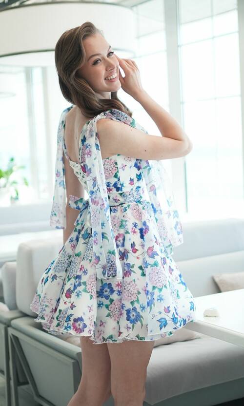 Коктейльное Платье Органза Цветочный Принт 25046 Голубое