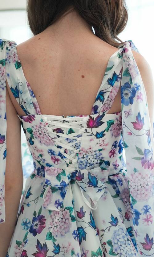 Коктейльное Платье Органза Цветочный Принт 25046 Голубое