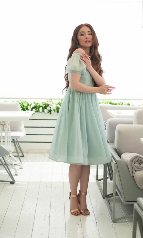Коктейльна Сукня Шифон Блиск Міді 25040 М'ятна