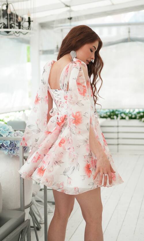 Коктейльное Платье Органза Цветочный Принт 25046 Розовое