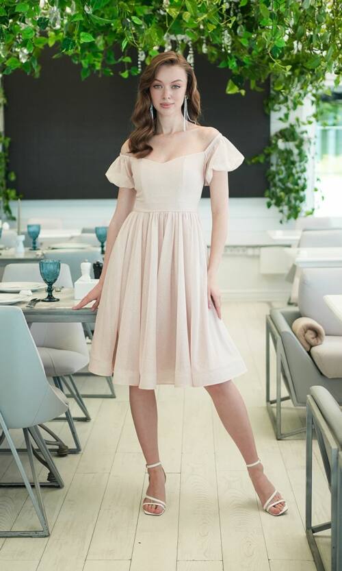 Коктейльна Сукня Шифон Блиск Міді 25040 Бежева