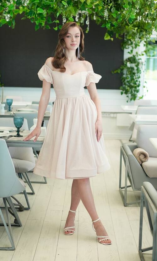 Коктейльна Сукня Шифон Блиск Міді 25040 Бежева