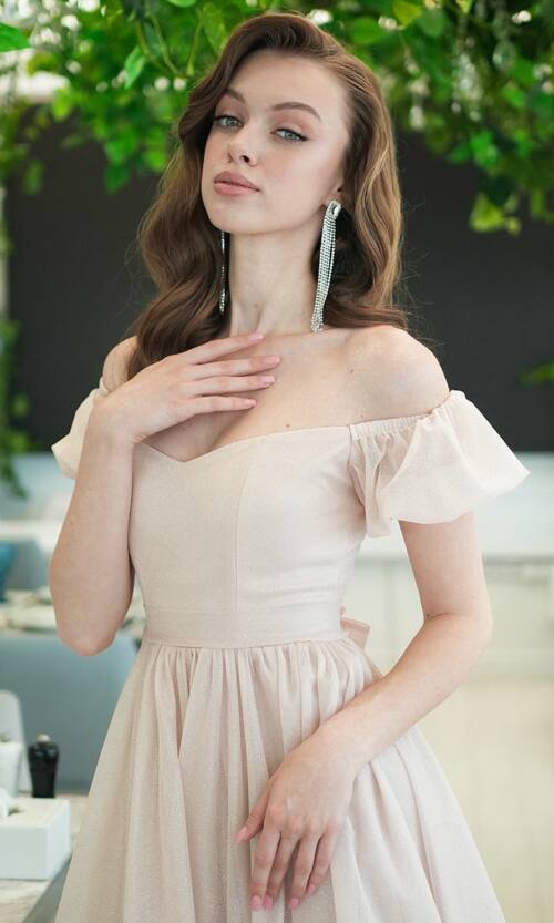 Коктейльна Сукня Шифон Блиск Міді 25040 Бежева