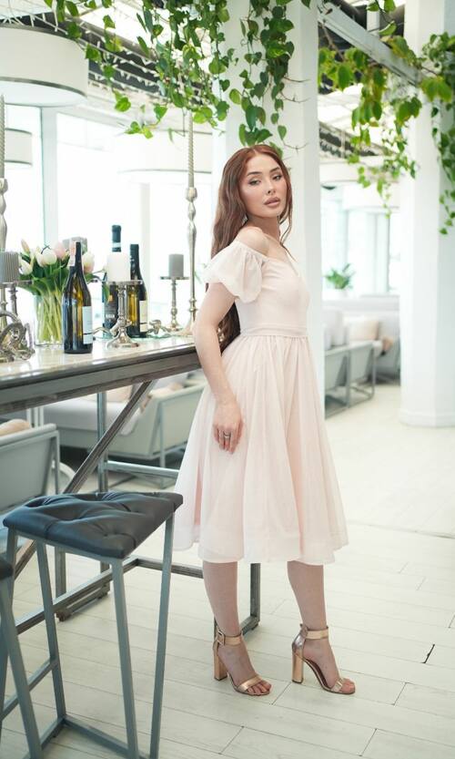 Коктейльна Сукня Шифон Блиск Міді 25040 Персикова