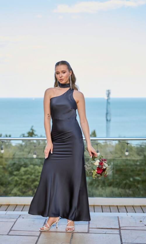 Вечернее Платье Комбинация Шелк Макси 25055 Графитовое