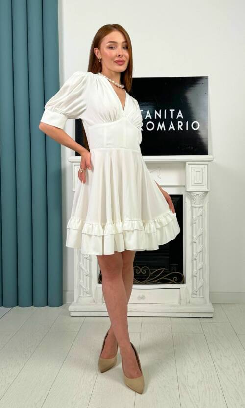 Коктейльна Сукня Корсет Рюш 25053 Молочна