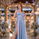 Вечірня Сукня на Тонких Бретелях Формованими Чашками 25037 Синя