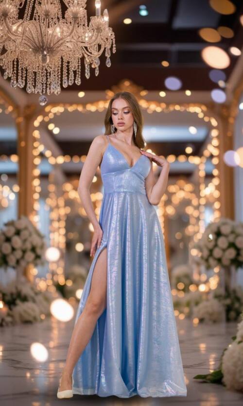 Вечірня Сукня на Тонких Бретелях Формованими Чашками 25037 Синя