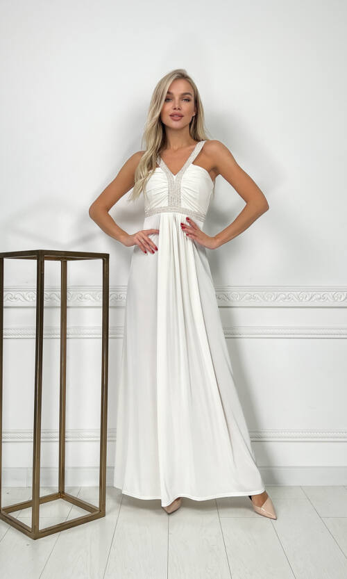 Вечірня Сукня Максі Стрази 5174 Молочна