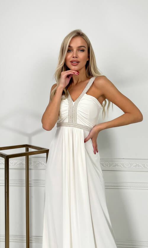 Вечірня Сукня Максі Стрази 5174 Молочна