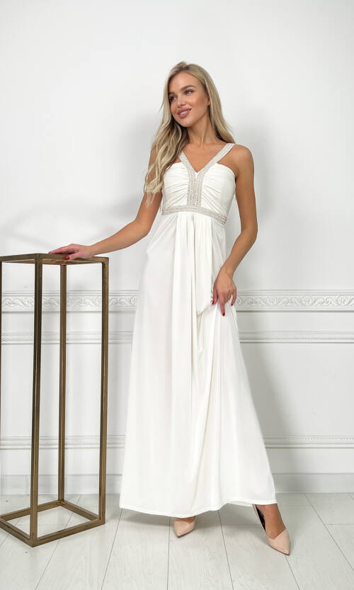 Вечірня Сукня Максі Стрази 5174 Молочна