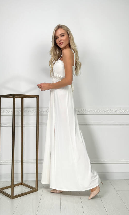 Вечірня Сукня Максі Стрази 5174 Молочна